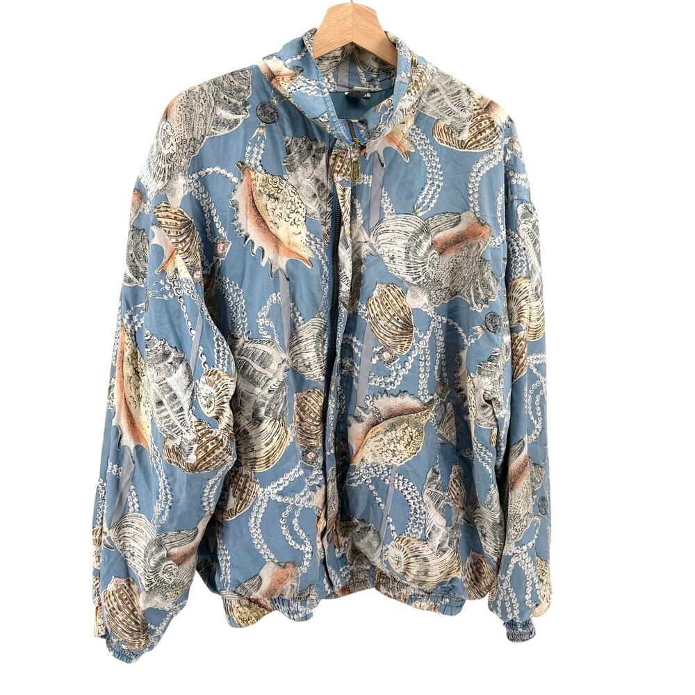 Vintage 90s Coaco Blue Silk Seashell Pearl Print Bomber Jacket